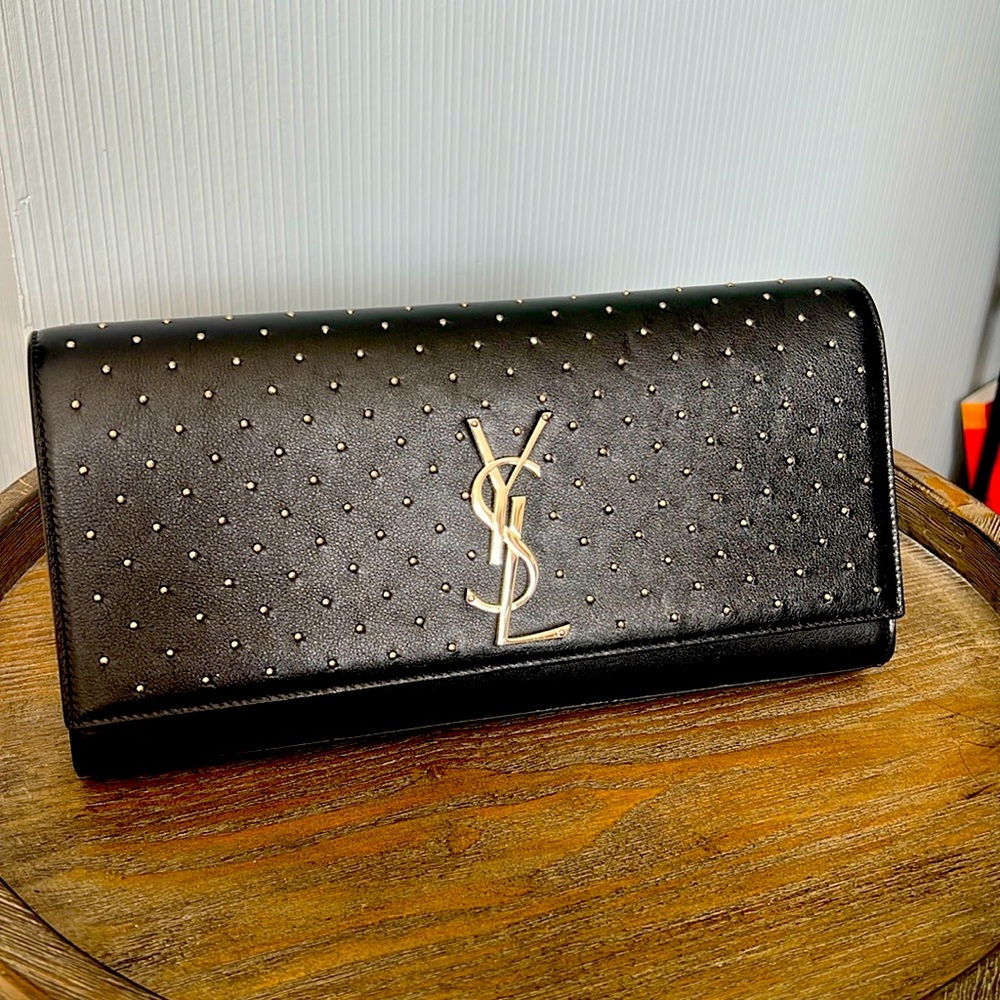 YSL Black Leather Studded Clutch